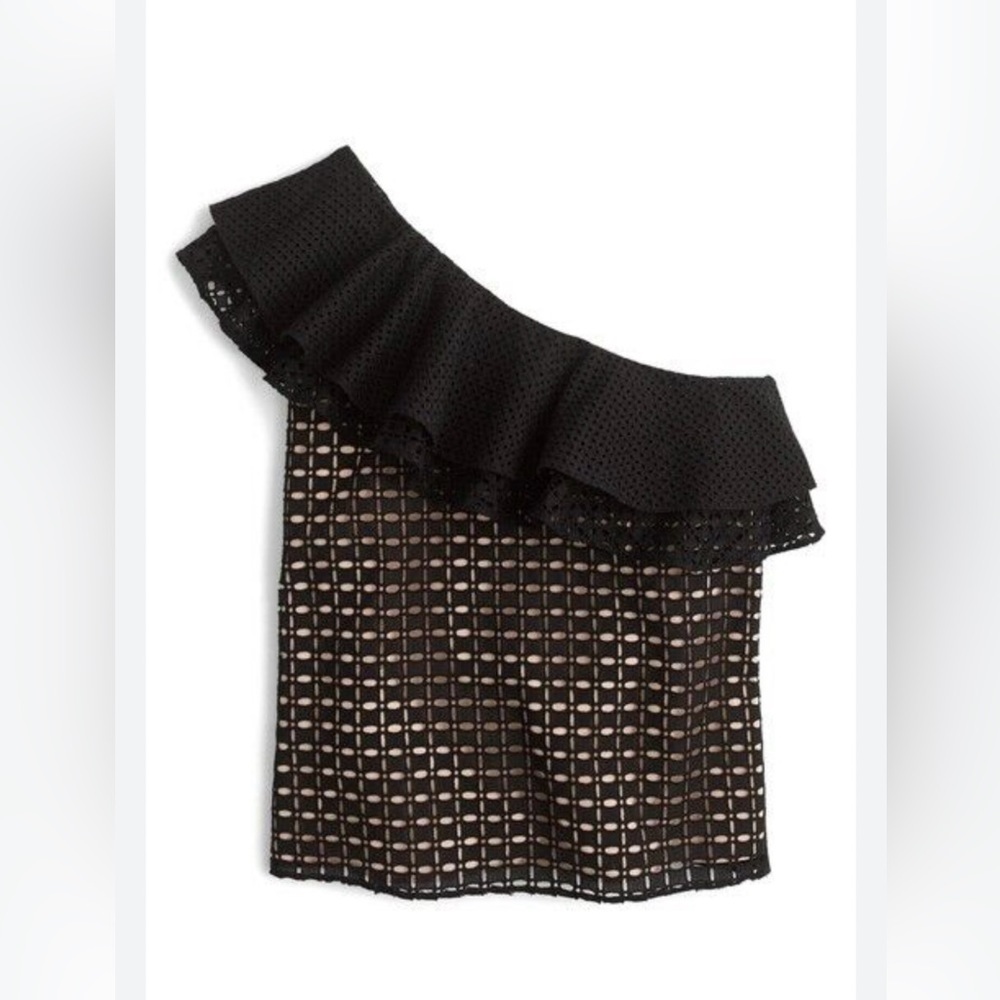 J.Crew Size 10 Black Nude One-Shoulder Eyelet Ruffle Top Shirt Blouse - Picture 2 of 9